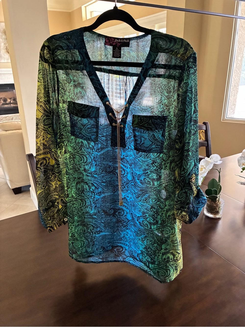 Peck & Peck Teal and Green Paisley Sheer Tunic